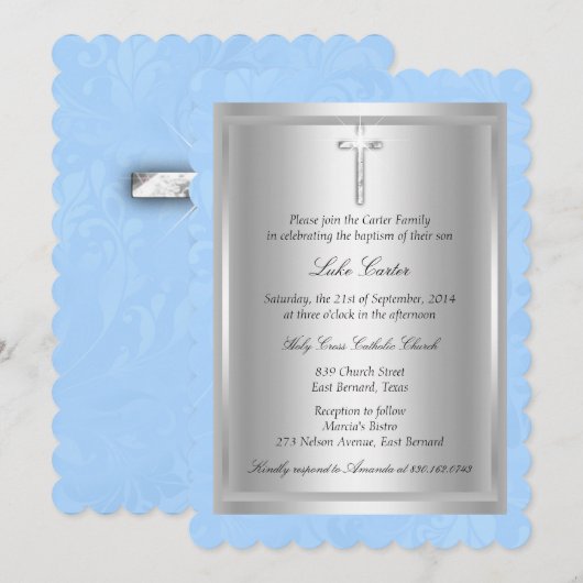 Invitation Croix Bleue Baptême Silver Cross (Devant / Derrière)