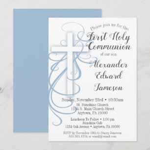 Invitation Croix Bleue Blanche Première communion