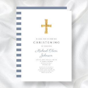 Invitation Croix Bleue Bleu Stripes Garçon Christening