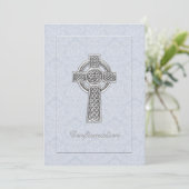 Invitation Croix bleue d'argent de damassé de confirmation (Debout devant)