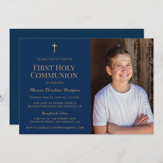 Invitation Croix Bleue d'or de la Marine Première communion s (Devant / Derrière)