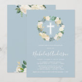 Invitation Croix Bleue Dusty aux fleurs de crème, baptême de (Devant / Derrière)