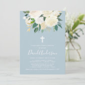 Invitation Croix Bleue Dusty aux fleurs de crème, baptême de  (Debout devant)