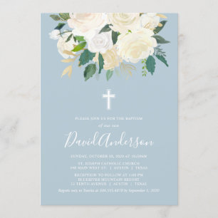 Invitation Croix Bleue Dusty aux fleurs de crème, baptême de