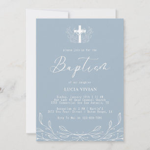 Invitation Croix Bleue Dusty Florale Baptême minimaliste