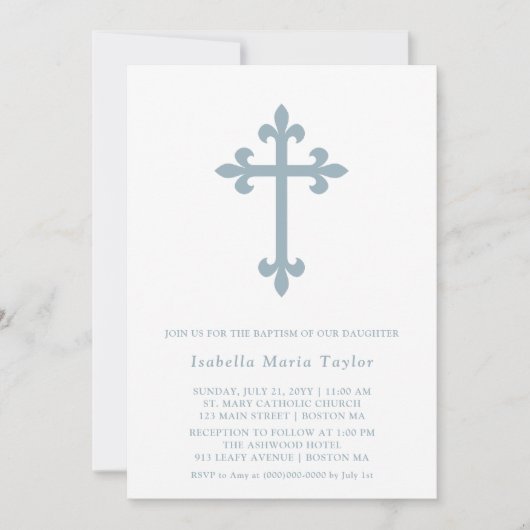 Invitation Croix Bleue Dusty moderne Baptême (Devant)