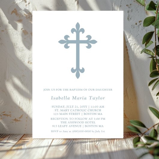 Invitation Croix Bleue Dusty moderne Baptême