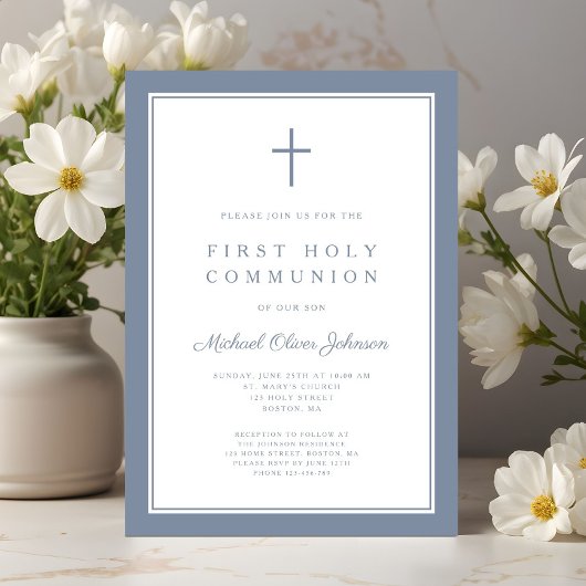 Invitation Croix Bleue Dusty moderne Boy First Communion