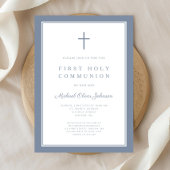 Invitation Croix Bleue Dusty moderne Boy First Communion