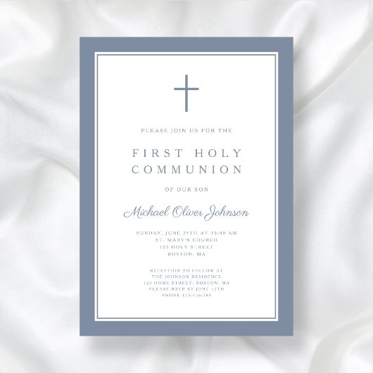 Invitation Croix Bleue Dusty moderne Boy First Communion