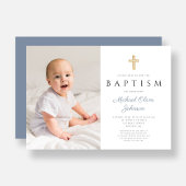 Invitation Croix Bleue Dusty moderne Boy Photo Baptême