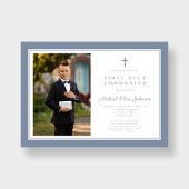 Invitation Croix Bleue Dusty moderne Boy Photo First Communio