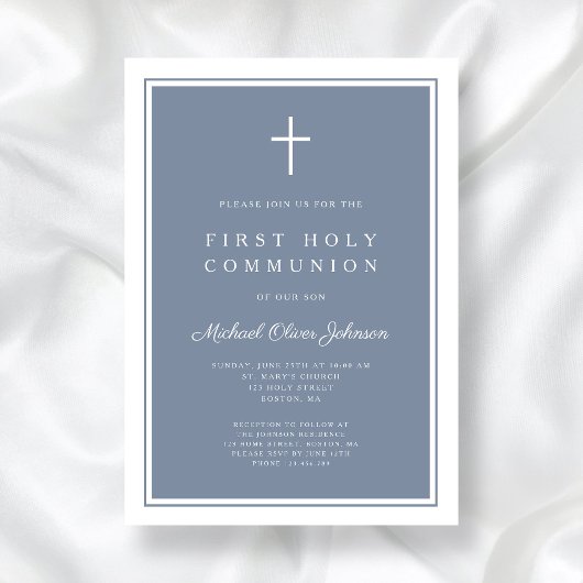 Invitation Croix Bleue Dusty moderne Garçon Première Communio