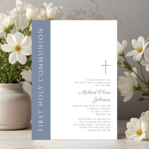 Invitation Croix Bleue Dusty moderne première communion