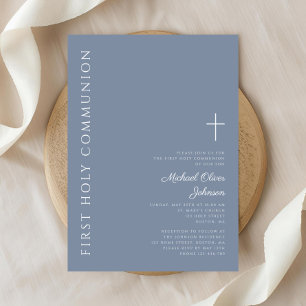 Invitation Croix Bleue Dusty moderne Première communion saint