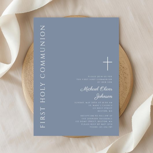 Invitation Croix Bleue Dusty moderne Première communion saint