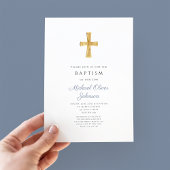 Invitation Croix Bleue Dusty moderne Religieux Garçon Baptême