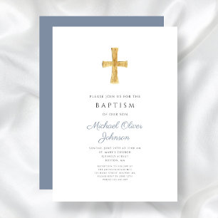 Invitation Croix Bleue Dusty moderne Religieux Garçon Baptême