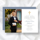 Invitation Croix Bleue Dusty Photo Boy First Communion