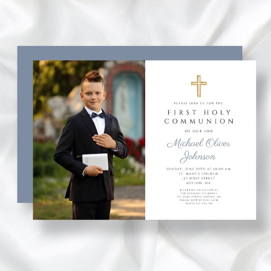 Invitation Croix Bleue Dusty Photo Boy First Communion