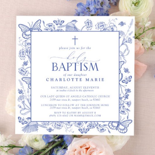 Invitation Croix Bleue et Blanche Baptême Saint papillons flo