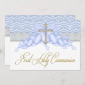 Invitation Croix Bleue et or Boys Première communion (Devant / Derrière)