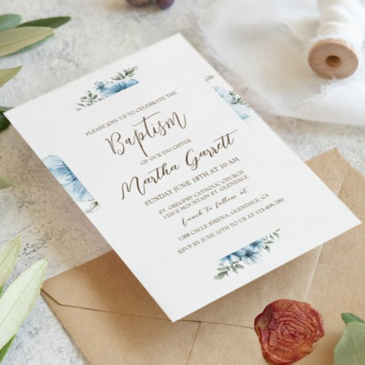 Invitation Croix Bleue Fleurs Automne Fille Baptême