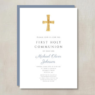 Invitation Croix Bleue Garçon Religieux Première Communion So
