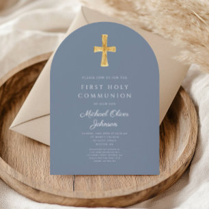 Invitation Croix Bleue moderne Religieux Garçon Première Comm