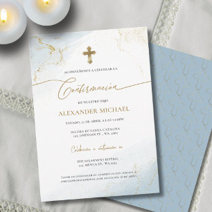 Invitation Croix Bleue Or Garçon Confirmation Confirmacion 