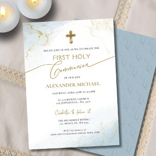 Invitation Croix Bleue Or Garçon Première Sainte Communion