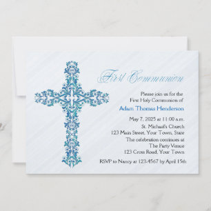 Invitation Croix Bleue Ornat, Première Communion
