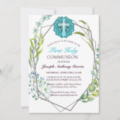 Invitation Croix Bleue Printemps Floral Première Communion Sa (Devant)