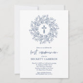 Invitation Croix Bleue Religieuse Moderne Première Communion (Devant)