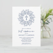 Invitation Croix Bleue Religieuse Moderne Première Communion (Debout devant)
