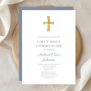 Invitation Croix Bleue Religieux Garçon Première Communion Sa