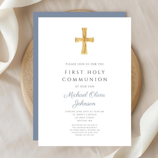 Invitation Croix Bleue Religieux Garçon Première Communion Sa