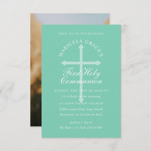 Invitation Croix Bleue Vert Mint Première communion (Devant / Derrière)