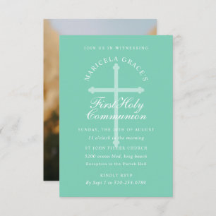 Invitation Croix Bleue Vert Mint Première communion