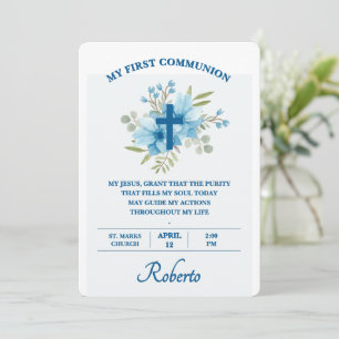 Invitation Croix botanique bleue Première Sainte Communion