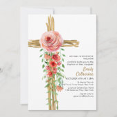 Invitation Croix botanique florale rustique Baptême simple (Devant)