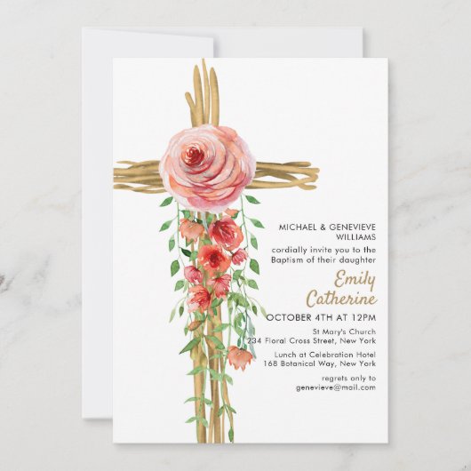 Invitation Croix botanique florale rustique Baptême simple (Devant)