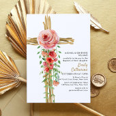 Invitation Croix botanique florale rustique Baptême simple