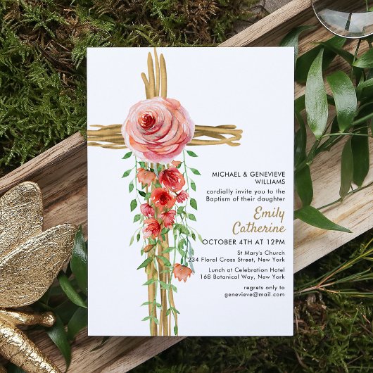 Invitation Croix botanique florale rustique Baptême simple