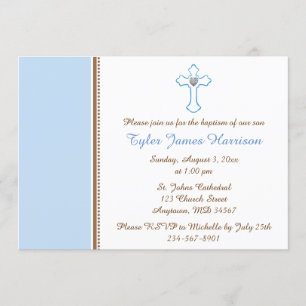 Invitation Croix Brown bleue Bébé garçon Baptême / Christenin