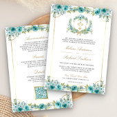 Invitation Croix catholique dorée à fleurs sarcelle Code QR M