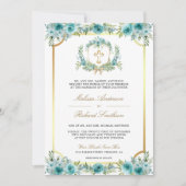 Invitation Croix catholique dorée à fleurs sarcelle Code QR M (Devant)