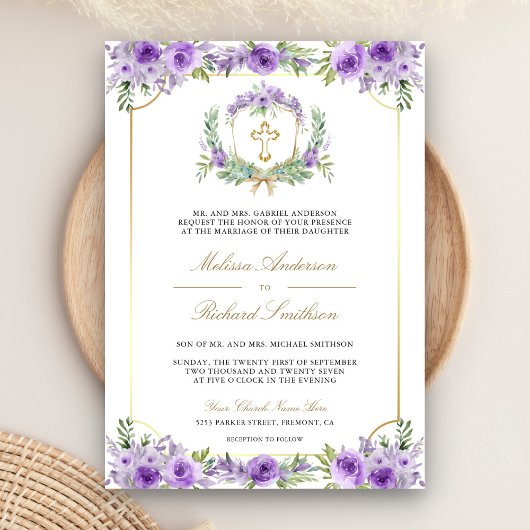 Invitation Croix catholique dorée à fleurs violettes Code QR
