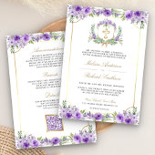 Invitation Croix catholique dorée à fleurs violettes Code QR