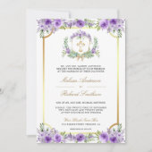 Invitation Croix catholique dorée à fleurs violettes Code QR (Devant)